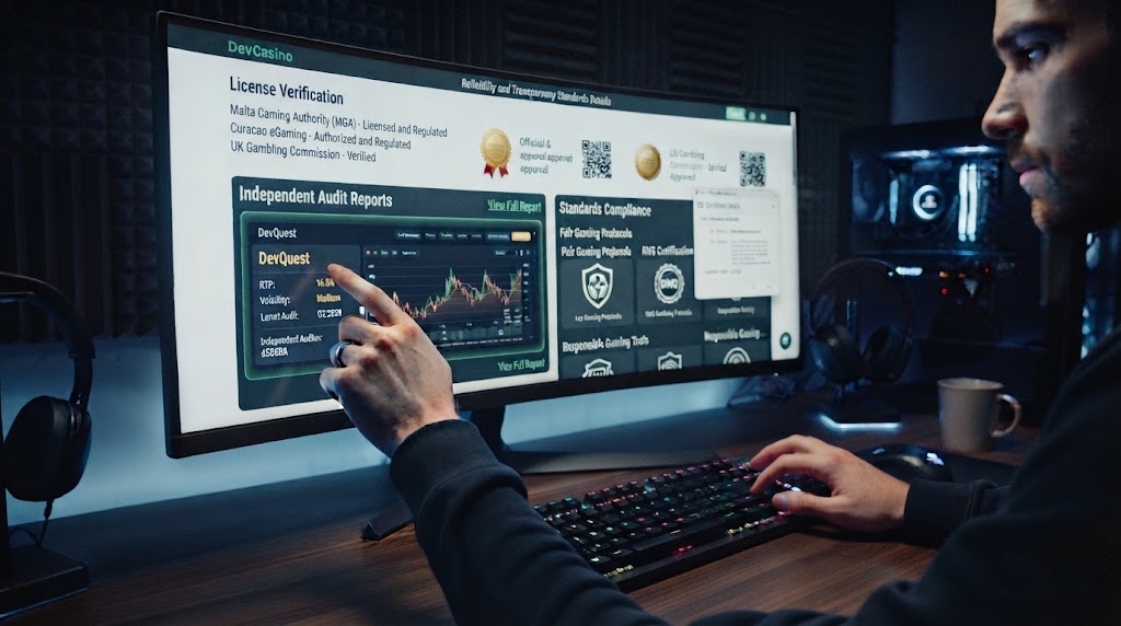 devcasino güvenilirlik ve şeffaflık standartları detaylarını bilgisayar ekranından inceleyen oyuncunun elleri.