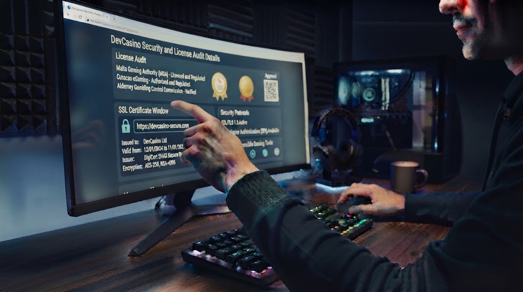 devcasino güvenlik ve lisans denetimi detaylarını bilgisayar ekranından inceleyen oyuncunun elleri.