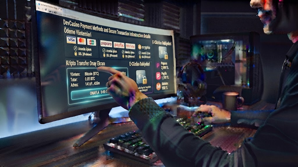 devcasino ödeme yöntemleri ve güvenli işlem altyapısı detaylarını bilgisayar ekranından inceleyen oyuncunun elleri.